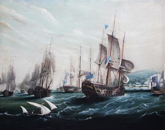 19th century English School The English Fleet off the coast off Valetta, Malta, 31 x 40.5in.